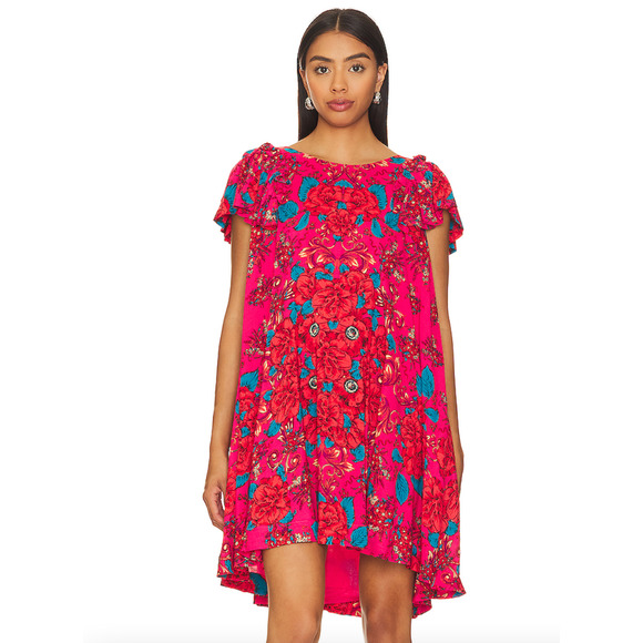 NWT Free People Yara Floral Mini Dress Rose Flowy Flutter Sleeves Pocket M - Picture 1 of 12